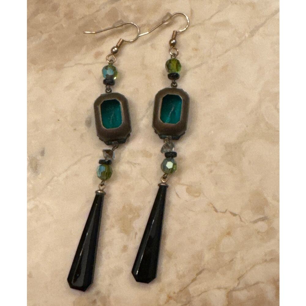 1990s–2000s Teal Glass & Onyx-Style Drop Earrings - Picture 10 of 11
